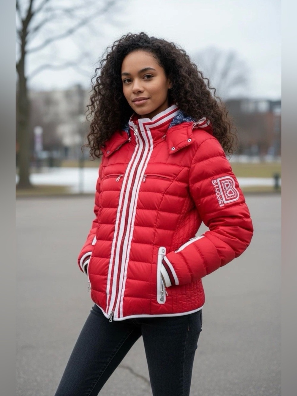 Bogner Brasil Ski Puffer Womens Winter Hooded Red Parka Jacket Size 42 US 12